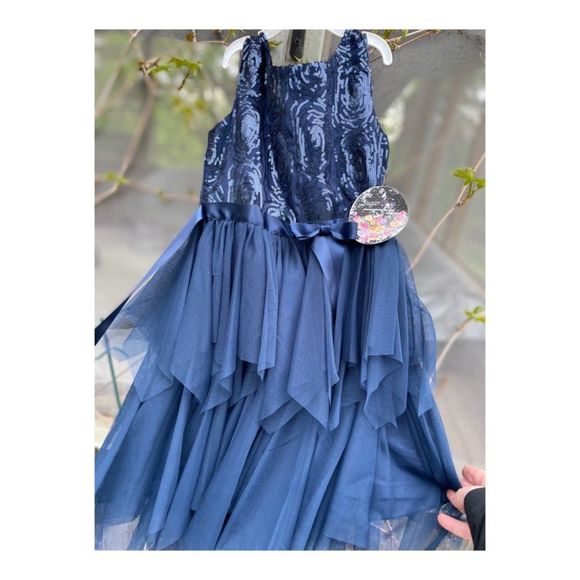 Dark Blue Party Tank Dress Sequins Handkerchief Tiered Hemline Sz 7 Youth - Picture 7 of 13